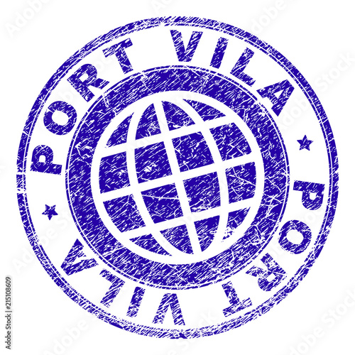 PORT VILA stamp print with grunge texture. Blue vector rubber seal print of PORT VILA title with scratched texture. Seal has words placed by circle and planet symbol.