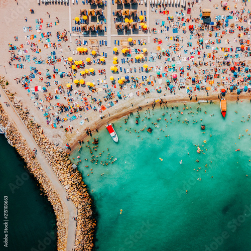 Aerial Drone View Of People Having Fun And Relaxing On Costinesti Beach In Romania At The Black Sea