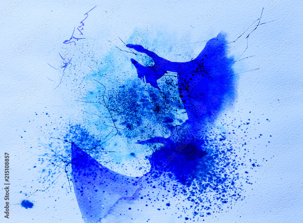 Sad woman face in blue splashed watercolor. Handmade sketch.
