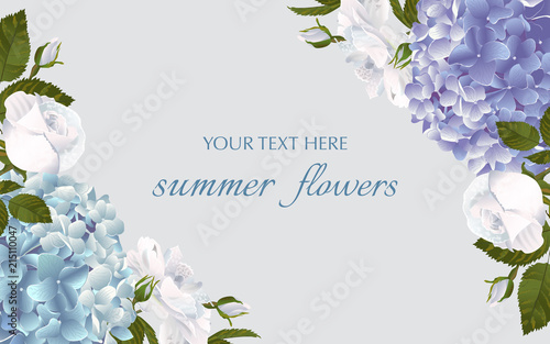 Template for greeting cards, wedding decorations, invitation,sales. Vector banner with Luxurious hydrangea and roses flowers. Spring or summer design.