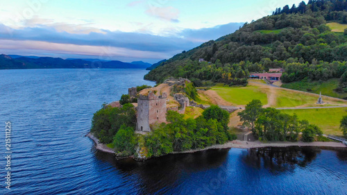 Urquhart Castle and Loch Ness in the evening - aerial drone view photo