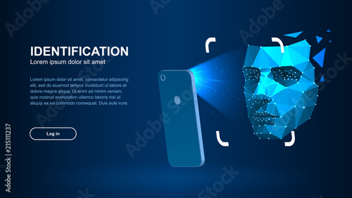Identification of a person through the system of recognition of a human face. The smartphone scans a person's face forming a polygonal mesh consisting of lines and dots. Vector illustration.