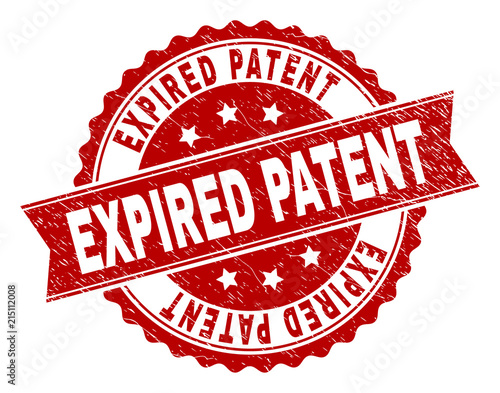 EXPIRED PATENT seal print with distress texture. Rubber seal imitation has circle medal form and contains ribbon. Red vector rubber print of EXPIRED PATENT caption with retro texture.