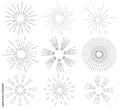 Set of Retro sun rays. Vintage logo, labels, badges. The explosion of fireworks. Vector design elements isolated on white background.