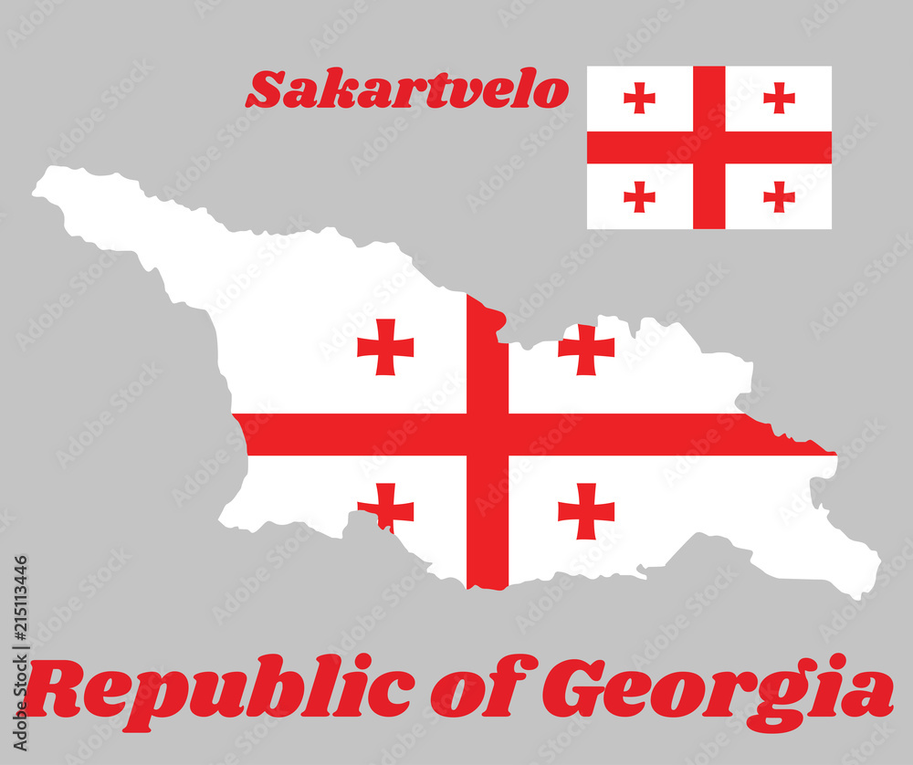 Map outline and flag of Georgia, White rectangle, with a large red cross.  In the four corners there are four Bolnur-Katskhuri crosses. with name text  Republic of Georgia and Sakartvelo. Stock Vector