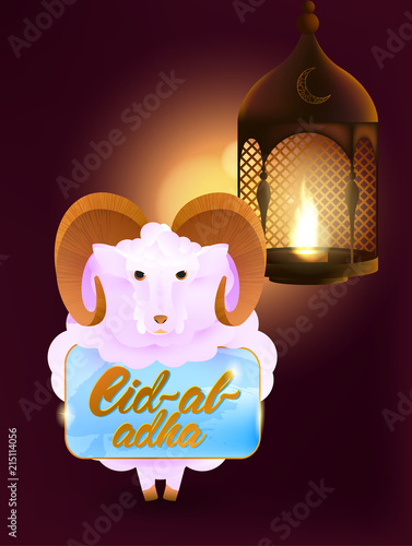 Muslim holiday Eid al-Adha with realistic old lamp and ram or sheep. Vector illustration design.