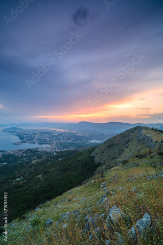 View from the mountain on the city Split during sunset ,rocks and grass,long exposure © Andriy Stefanyshyn