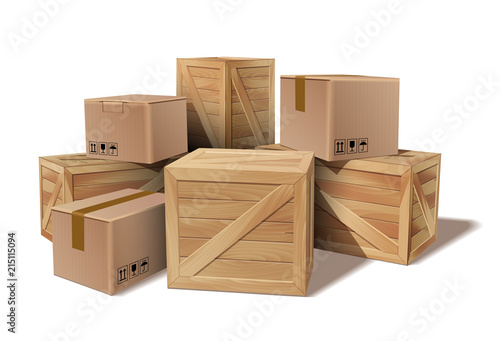 Pile of stacked goods cardboard and wooden boxes.