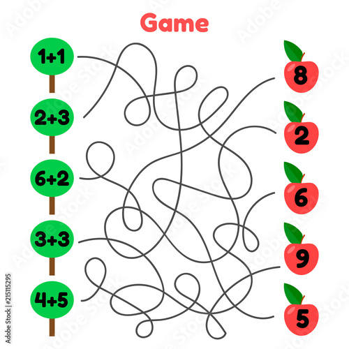 math game for children of school and preschool age. labyrinth. Solve the examples. Complicated road. Trees and apples.