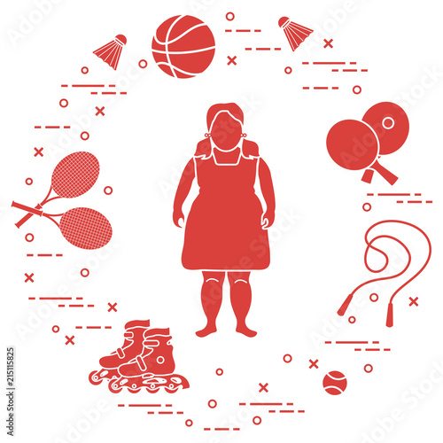 Fat girl, sports equipment. Children activities.