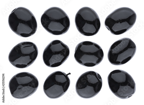 Olives collection. Black olive isolated on white background with clipping path. Top view