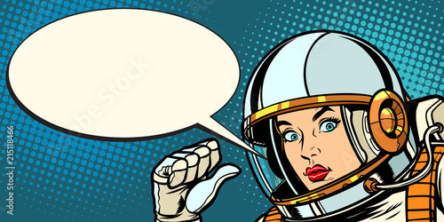 serious astronaut woman points at herself
