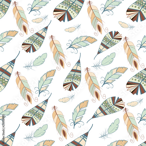 Tribal feather seamless pattern background bird nature wing element vector graphic illustration hand drawn style.