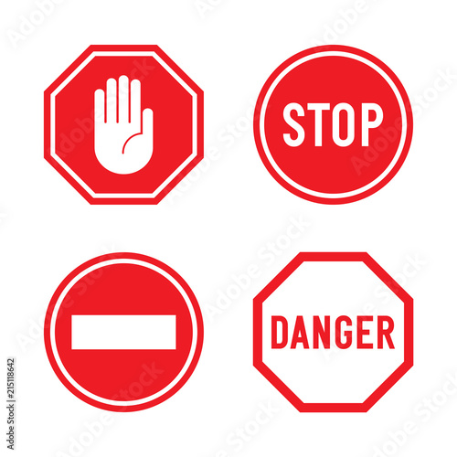 Set of stop signs and danger signs