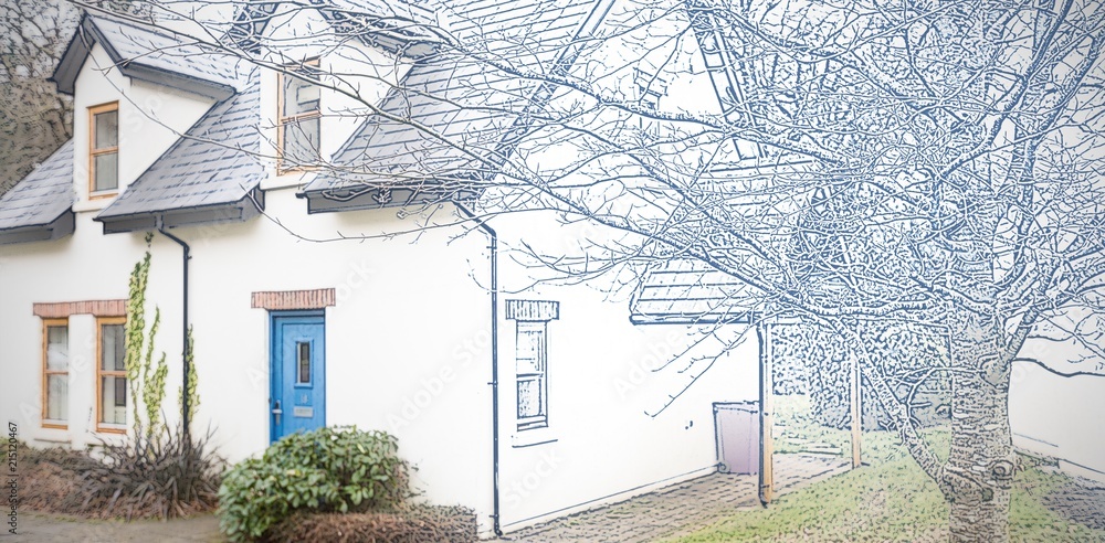 Composite image of pretty house with a blue and white filter