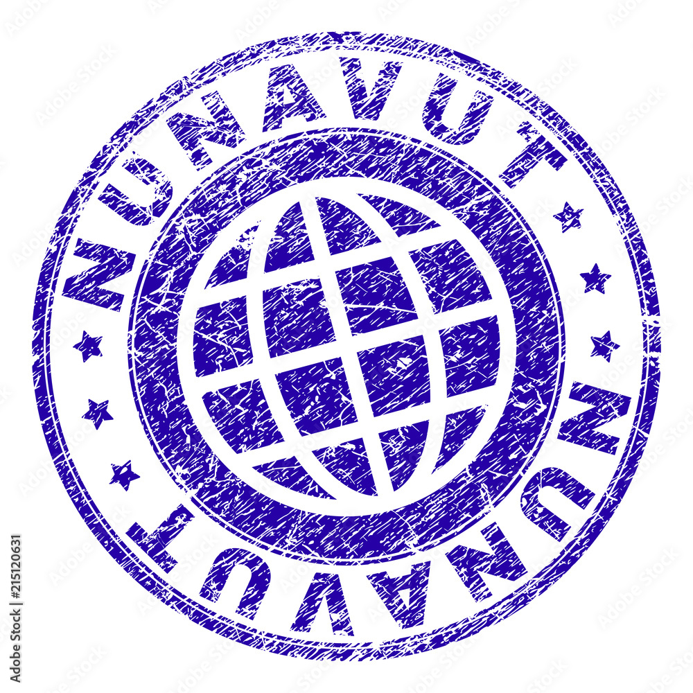 NUNAVUT stamp print with distress effect. Blue vector rubber seal print of NUNAVUT caption with corroded texture. Seal has words arranged by circle and planet symbol.