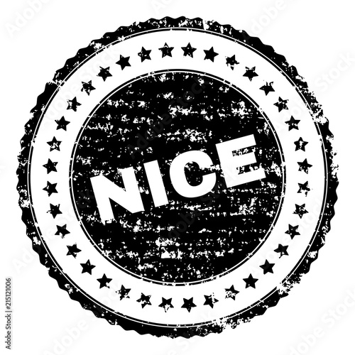 NICE seal print with distress texture. Black vector rubber print of NICE caption with corroded texture. Rubber seal imitation has round shape and contains stars.