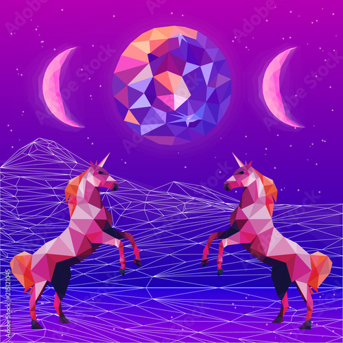 Ultraviolet vaporwave synthwave style illustration 80s - 90s colorful low poly design. Vector card illustration. Creative postmodernism artwork with unicorns in night landscape.