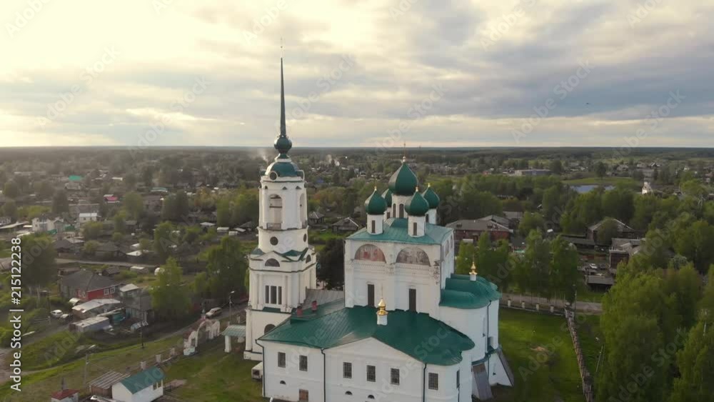 Flight of the camera over the ancient Orthodox Church. Ancient Annunciation Cathedral (1560-1584) on on the old trade route passing from Totma to Arkhangelsk. Solvychegodsk. Flight of the camera over the ancient Orthodox Church. Ancient Annunciation Cathedral (1560-1584) on on the old trade route passing from Totma to Arkhangelsk. Solvychegodsk.