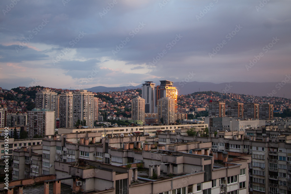 Aerial view of Sarajevo at sunset , Bosnia and Herzegovina