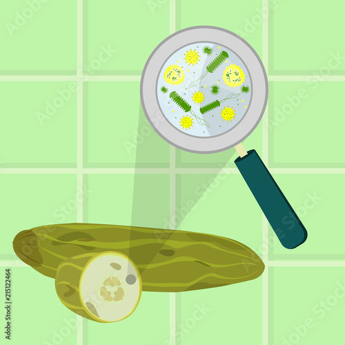 Contaminated cucumber. Microorganisms, virus and bacteria in the rotten and spoiled cucumber enlarged by a magnifying glass. Tiles in the background.