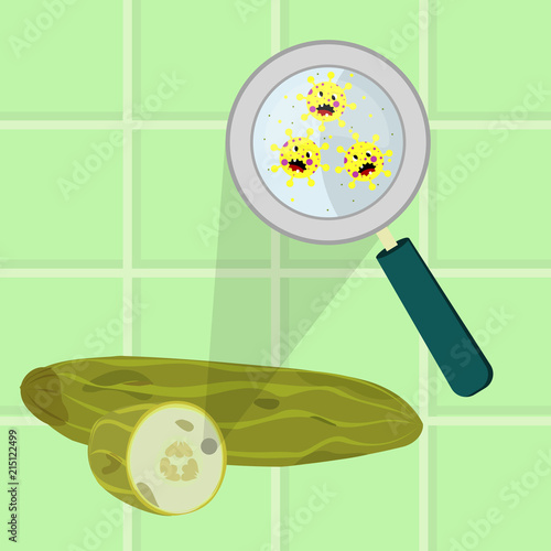 Contaminated cucumber with microbes cartoon. Microorganisms, virus and bacteria in the rotten and spoiled cucumber enlarged by a magnifying glass. Tiles in the background