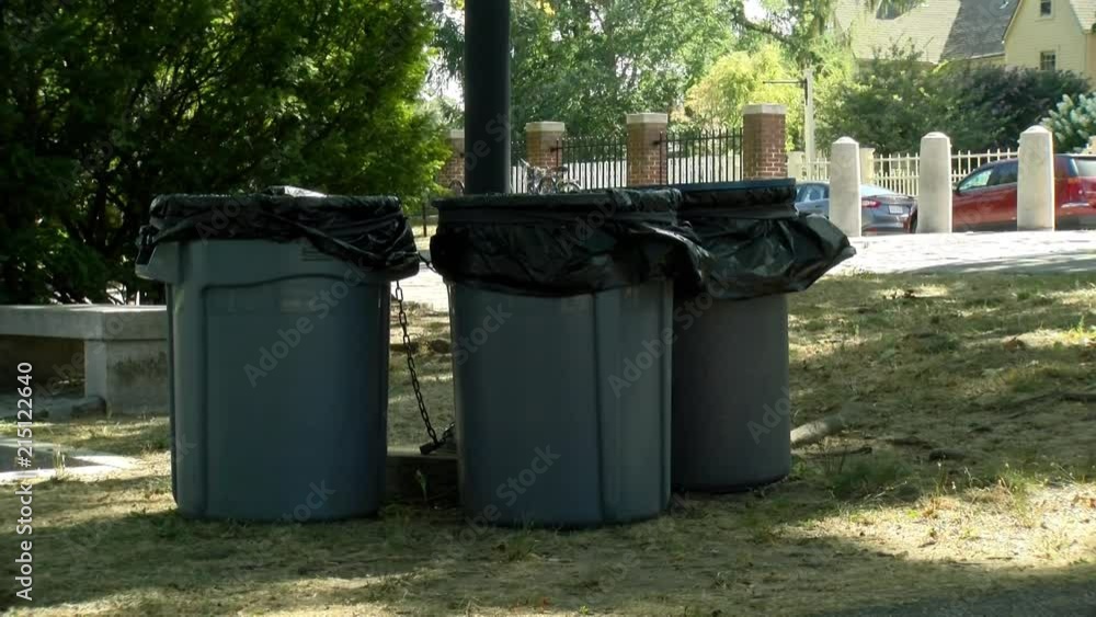 A good clean shot of garbage cans on a beautiful day. I like this shot for a documentary type of feel to show trash within a beautiful setting. A good clean shot of garbage cans on a beautiful day. I like this shot for a documentary type of feel to show trash within a beautiful setting.
