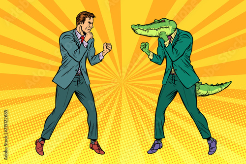 Man Boxing fights with crocodile reptiloid