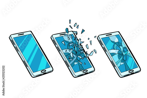 Smartphone whole, cracked glass and the phone is broken