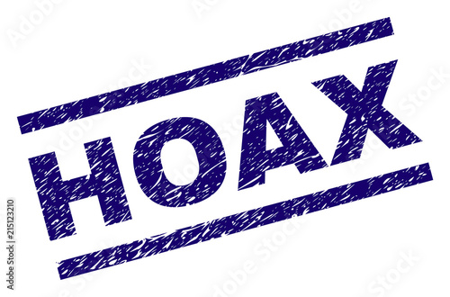 HOAX seal print with grunge style. Blue vector rubber print of HOAX text with dust texture. Text label is placed between parallel lines.