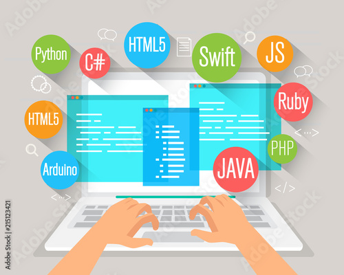 programming banner, coding, best programming languages, flat illustration concept