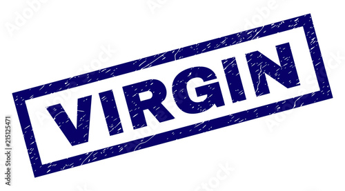 Rectangle VIRGIN seal watermark with distress texture. Rubber seal imitation has rectangle frame. Blue vector rubber print of VIRGIN text with dirty texture.