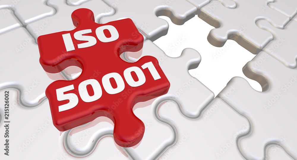 ISO 50001. The inscription on the missing element of the puzzle. Folded white puzzles elements and one red with text: ISO 50001 (Energy management systems). 3D Illustration ISO 50001. The inscription on the missing element of the puzzle. Folded white puzzles elements and one red with text: ISO 50001 (Energy management systems). 3D Illustration