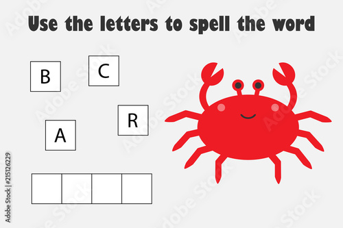 Use the letters to spell the word, crab in cartoon style, educational spelling scramble game for the development of children, kids preschool activity, printable worksheet, vector illustration