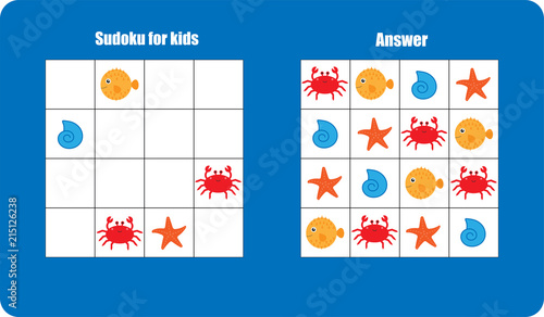Sudoku game with ocean animals for children, easy level, education game for kids, preschool worksheet activity, task for the development of logical thinking, vector illustration
