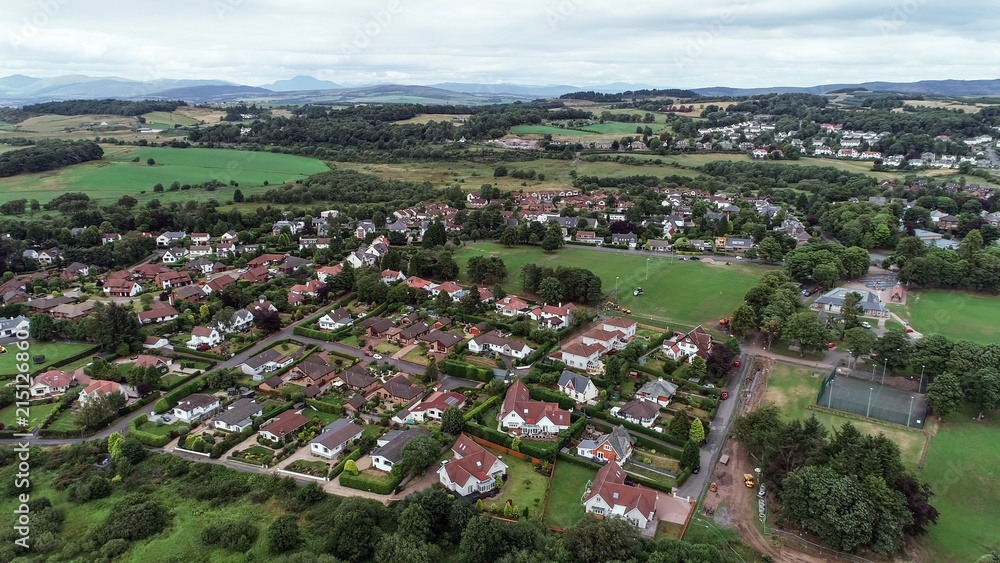 Aerial image over the village of Kilmacolm in West Central Scotland.