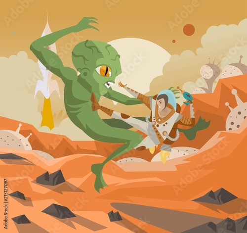 astronaut hero kicking evil alien