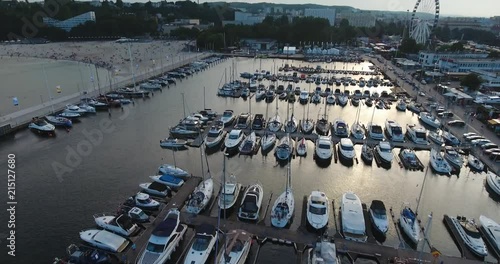 Yacht Harbor. Drone Flying Over At Sunset. Water Reflection