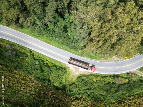 A drone upper view picture of a curve road in brazil with a truck