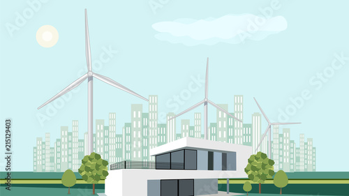 Wind turbines power station with building and urban city skyscrapers skyline, energy concept vector background.
