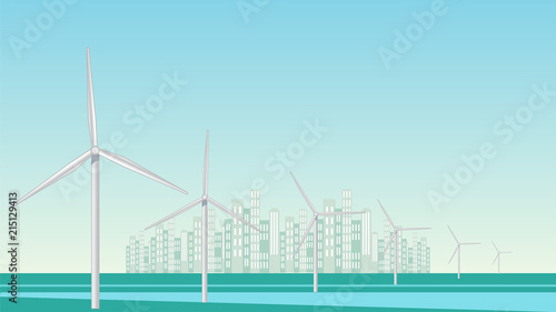 Wind turbines power station with urban city skyscrapers skyline, energy concept vector background.