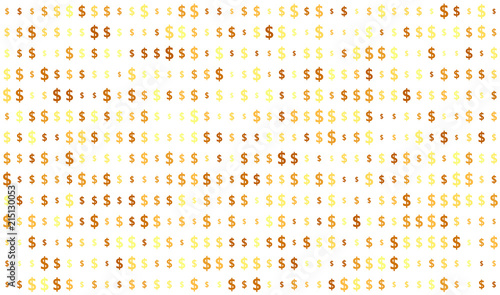 Seamless texture, dollar sign on transparent background, random size, shades of gold color