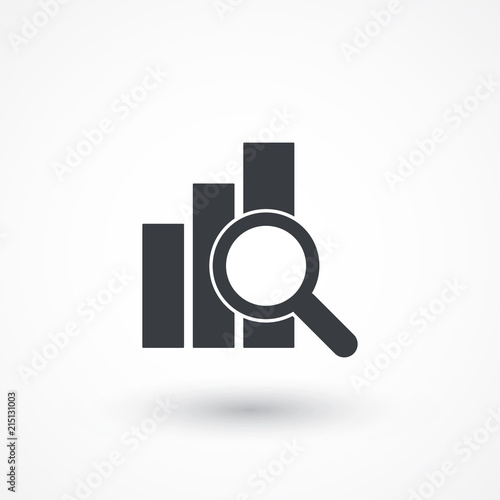 Financial analysis, business analysis concept, magnifier glass with bar graph. Analytics icon. Business financial forecast. Observation. Estimate. Budget graph. Predictive analytics. Stats icon