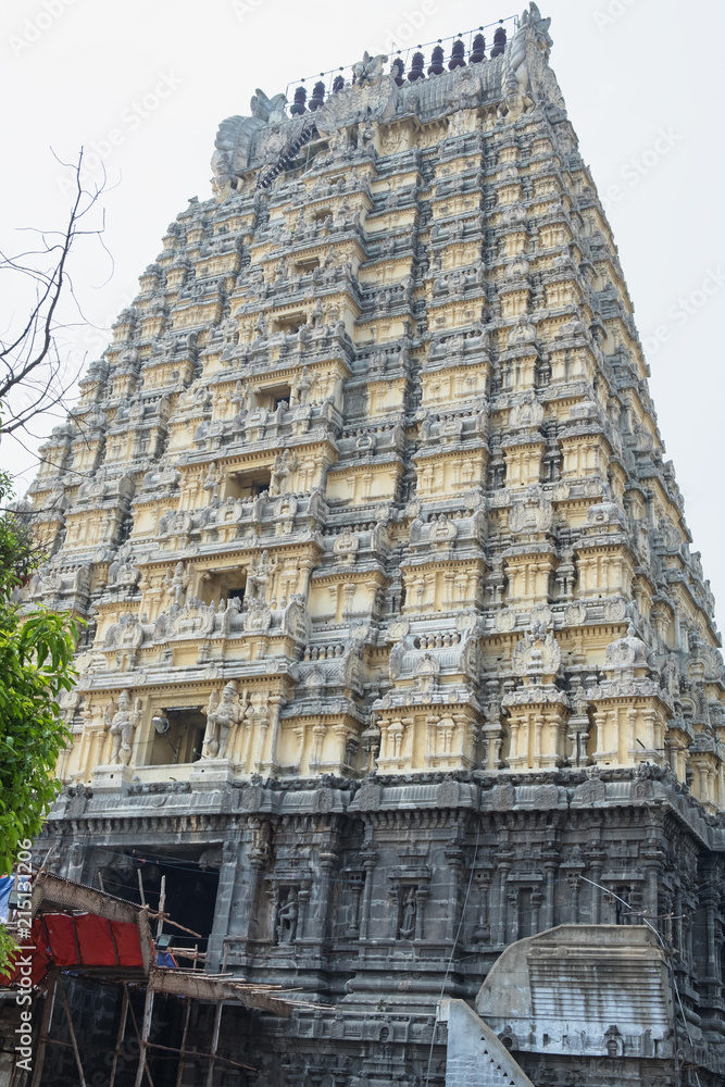 The Gopuram, or gateway tower, at the entrance to the 9th century Ekambareswarar temple at Kanchipuram in Tamil Nadu. Consisting of 11 storeys it stands 55 metres high