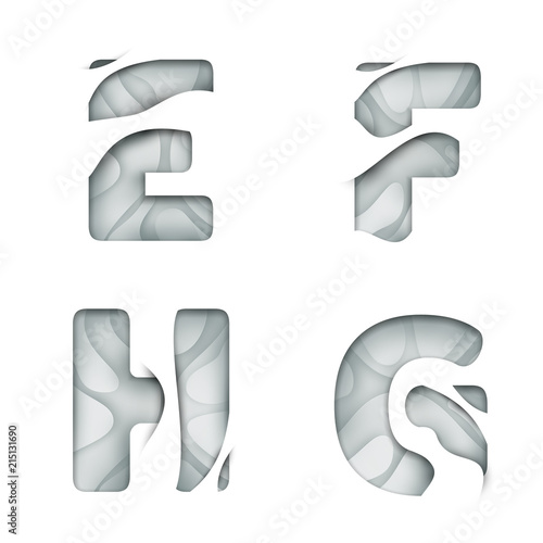 Paper cut letter E F H G isolated on white background. Modern 3d design for advertising, branding greeting card, cover, poster, banner. Clear character of alphabet font. Vector illustration.