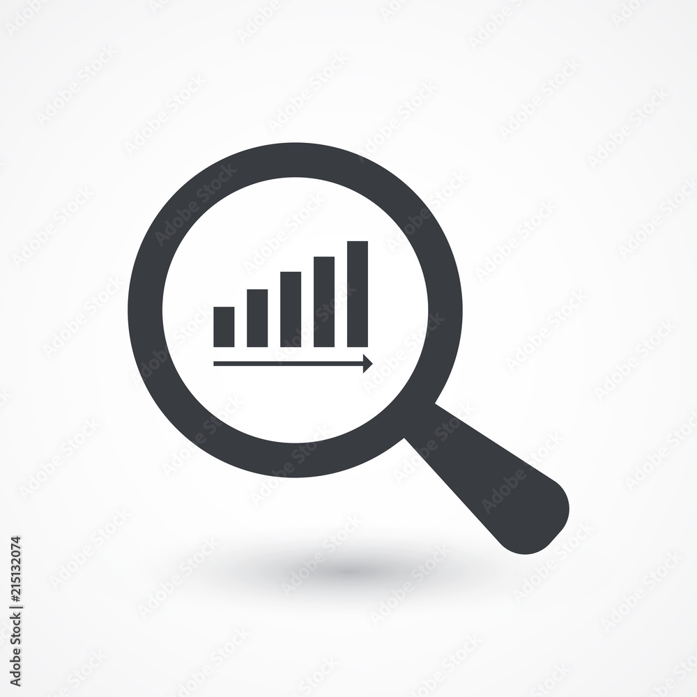 Magnifying glass showing rising chart bar graph, illustration Magnifying glass showing rising chart bar graph, illustration