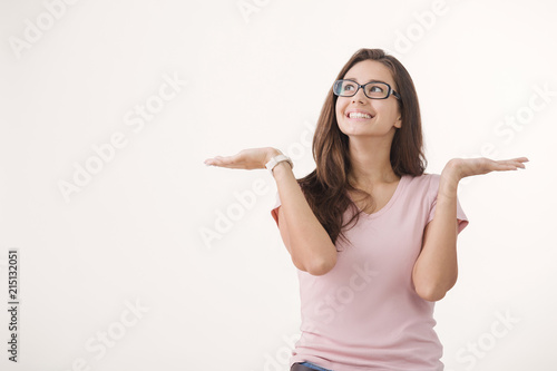 Wallpaper Mural Portrait of young cheerful brown-haired woman wearing glasses against white background Torontodigital.ca