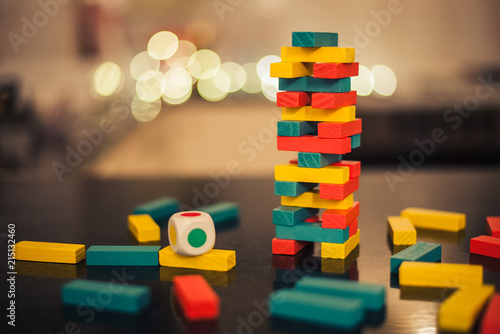 Jenga. Set of tower game. Wooden stack block toy. Business risk concept with wood jenga game.Businessman manage his strategy.