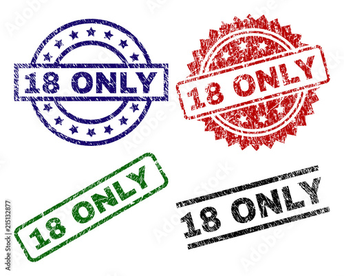 18 ONLY seal prints with damaged style. Black, green,red,blue vector rubber prints of 18 ONLY caption with grunge style. Rubber seals with round, rectangle, medallion shapes.