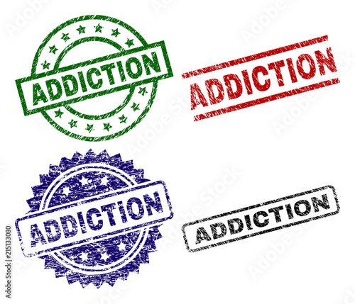 ADDICTION seal stamps with corroded texture. Black, green,red,blue vector rubber prints of ADDICTION tag with dirty texture. Rubber seals with circle, rectangle, medallion shapes.